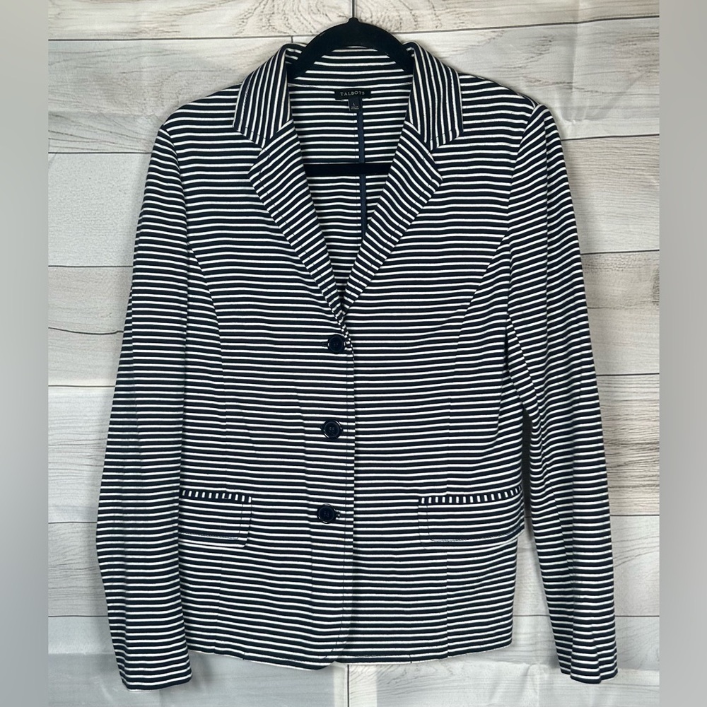 Preppy Talbots Black and White Striped Cotton Blazer. Nautical. Size Large.